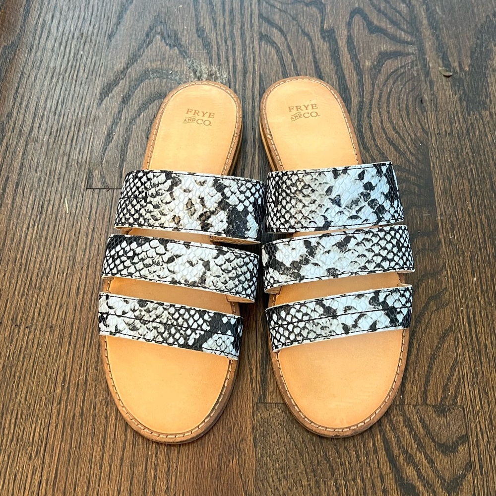 Frye and Co. black and blue snakeskin print sandals